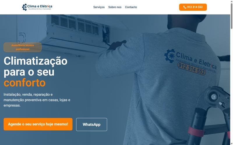 Portada del sitio de Clima e Elétrica con un técnico instalando un equipo de aire acondicionado