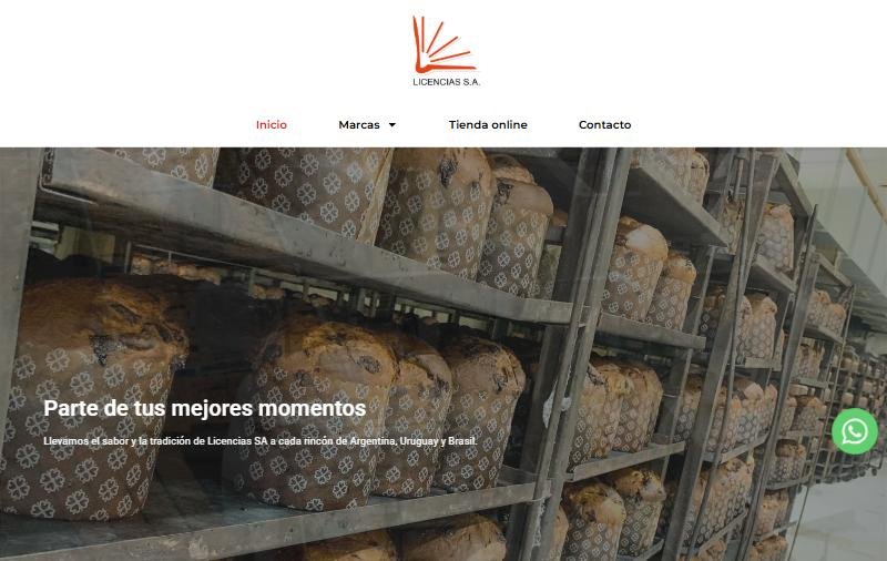 Portada del sitio de Licencias S.A. con estanterías de pan dulce en la planta de producción