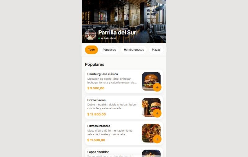 Carta digital de un restaurante en el celular, con platos destacados y botón para agregar al pedido