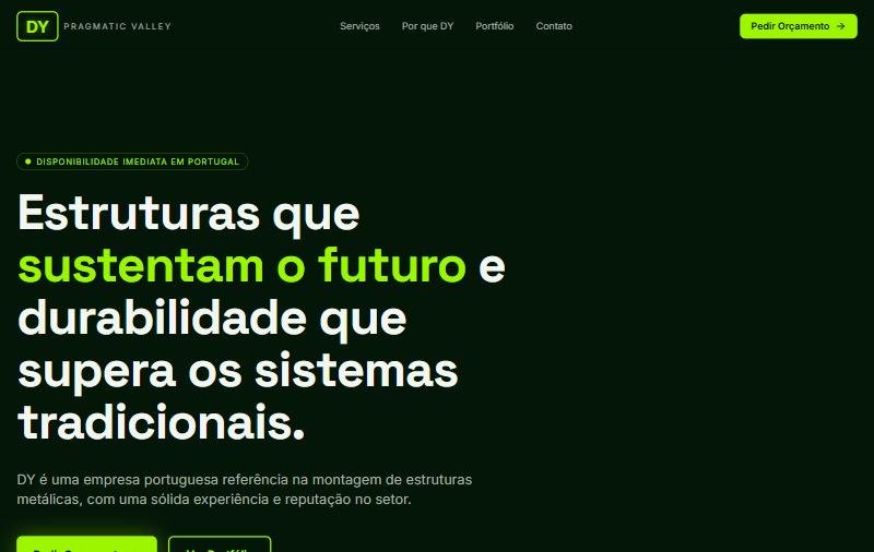Portada del sitio de DY Pragmatic Valley con el titular sobre estructuras metálicas en verde y blanco
