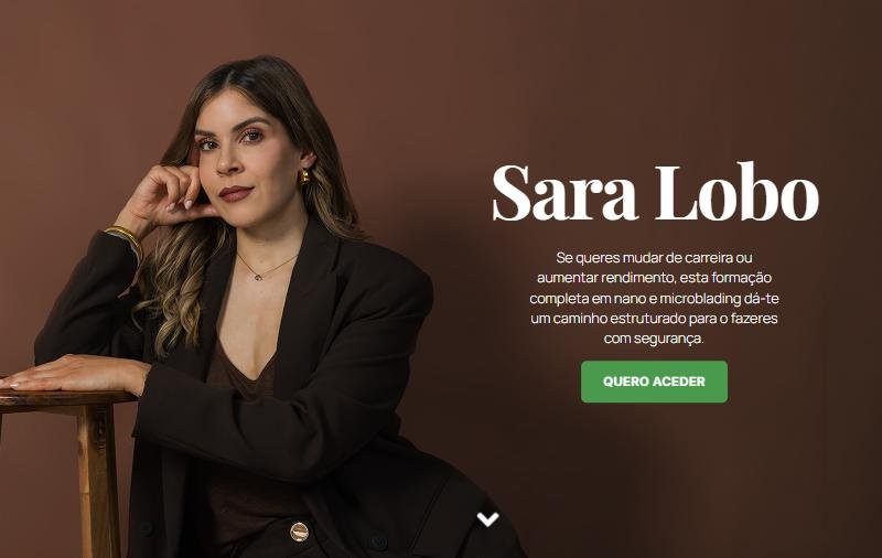 Portada del sitio de Sara Lobo con su retrato y el botón para acceder a la formación
